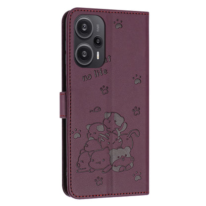 Xiaomi Poco F5 Embossed Kitten PU Leather Wallet Case with Card Slots, Cash Pocket, Kickstand Function, Wrist Lanyard Strap, Full Protective TPU Flip Cover