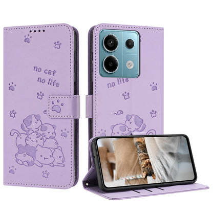 Xiaomi Poco X6 5G Embossed Kitten PU Leather Wallet Case with Card Slots, Cash Pocket, Kickstand Function, Wrist Lanyard Strap, Full Protective TPU Flip Cover
