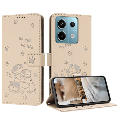 Xiaomi Poco X6 5G Embossed Kitten PU Leather Wallet Case with Card Slots, Cash Pocket, Kickstand Function, Wrist Lanyard Strap, Full Protective TPU Flip Cover