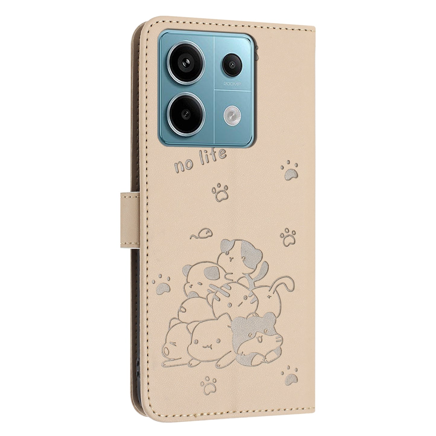 Xiaomi Poco X6 5G Embossed Kitten PU Leather Wallet Case with Card Slots, Cash Pocket, Kickstand Function, Wrist Lanyard Strap, Full Protective TPU Flip Cover