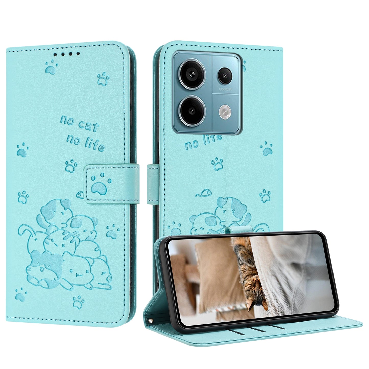 Xiaomi Poco X6 5G Embossed Kitten PU Leather Wallet Case with Card Slots, Cash Pocket, Kickstand Function, Wrist Lanyard Strap, Full Protective TPU Flip Cover