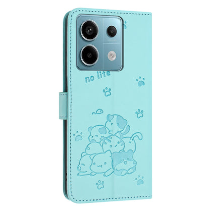 Xiaomi Poco X6 5G Embossed Kitten PU Leather Wallet Case with Card Slots, Cash Pocket, Kickstand Function, Wrist Lanyard Strap, Full Protective TPU Flip Cover