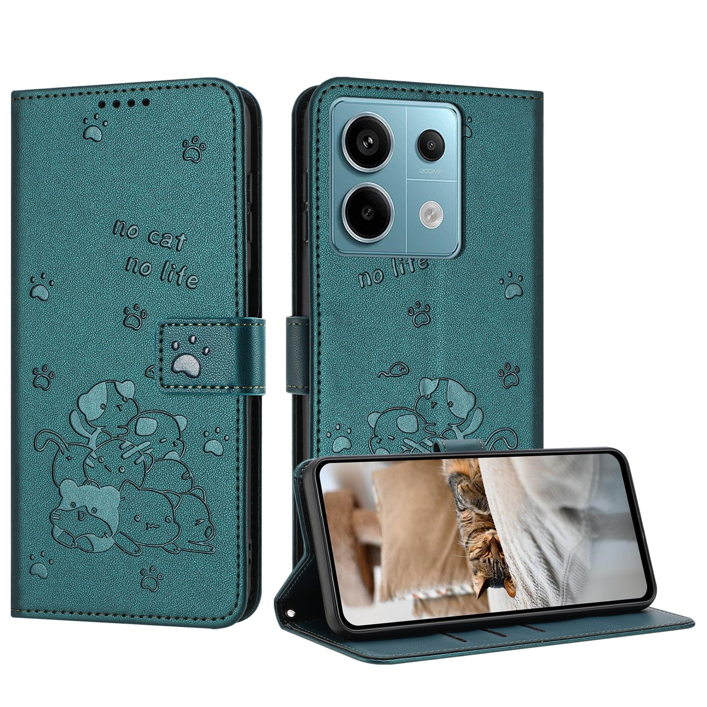 Xiaomi Poco X6 5G Embossed Kitten PU Leather Wallet Case with Card Slots, Cash Pocket, Kickstand Function, Wrist Lanyard Strap, Full Protective TPU Flip Cover