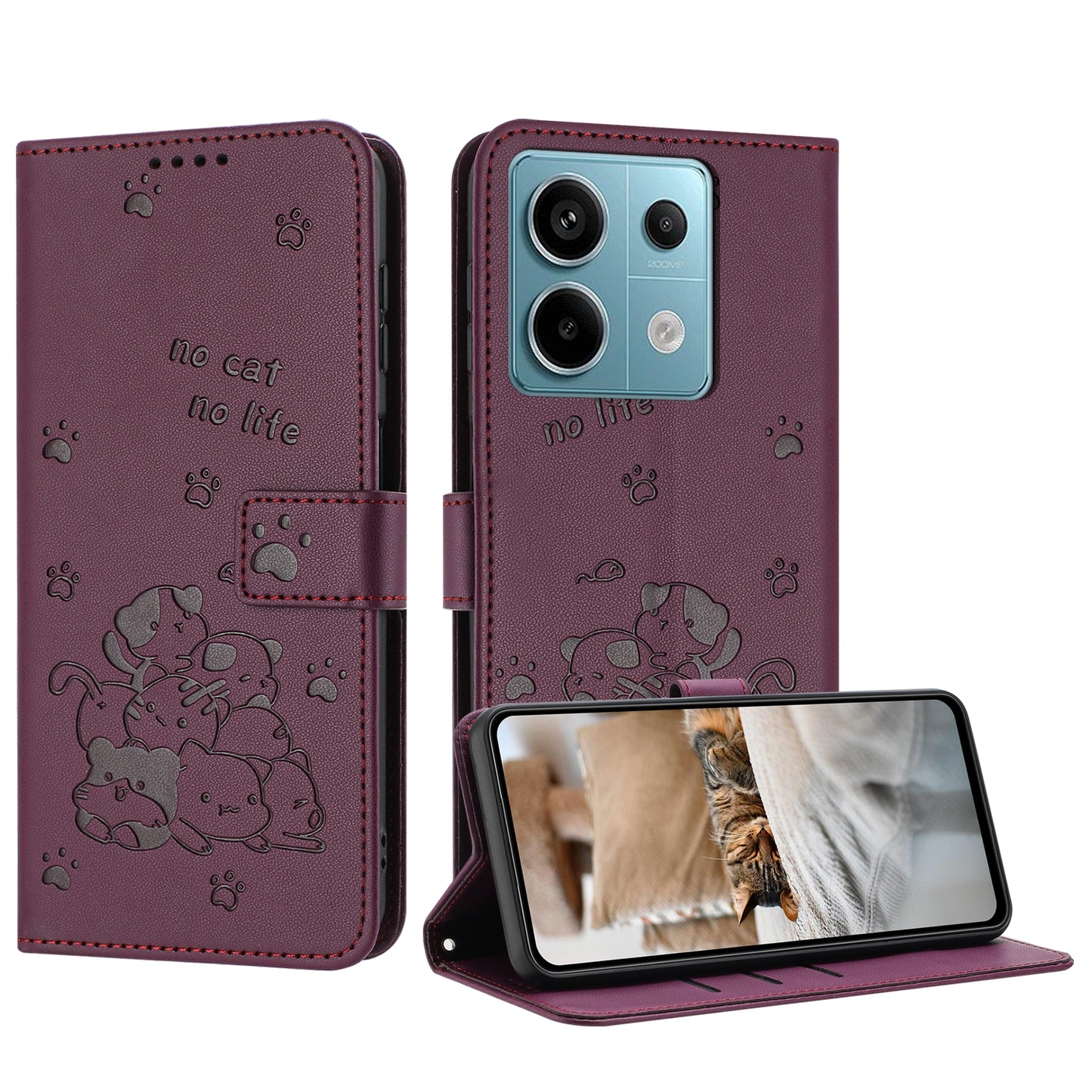 Xiaomi Poco X6 5G Embossed Kitten PU Leather Wallet Case with Card Slots, Cash Pocket, Kickstand Function, Wrist Lanyard Strap, Full Protective TPU Flip Cover