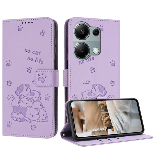 Xiaomi Poco M6 Pro 4G Embossed Kitten PU Leather Wallet Case with Card Slots, Cash Pocket, Kickstand Function, Wrist Lanyard Strap, Full Protective TPU Flip Cover
