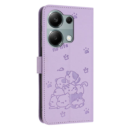 Xiaomi Poco M6 Pro 4G Embossed Kitten PU Leather Wallet Case with Card Slots, Cash Pocket, Kickstand Function, Wrist Lanyard Strap, Full Protective TPU Flip Cover