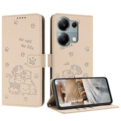 Xiaomi Poco M6 Pro 4G Embossed Kitten PU Leather Wallet Case with Card Slots, Cash Pocket, Kickstand Function, Wrist Lanyard Strap, Full Protective TPU Flip Cover