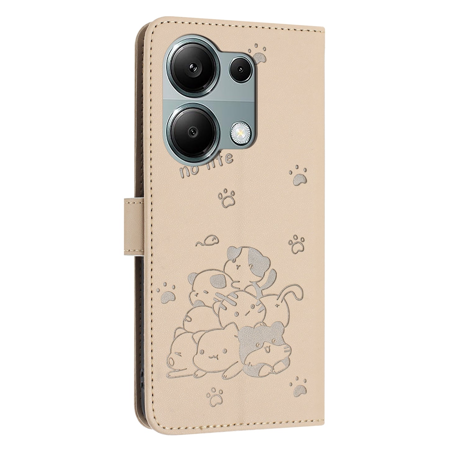 Xiaomi Poco M6 Pro 4G Embossed Kitten PU Leather Wallet Case with Card Slots, Cash Pocket, Kickstand Function, Wrist Lanyard Strap, Full Protective TPU Flip Cover