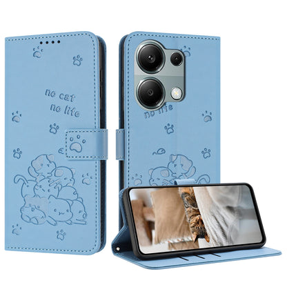 Xiaomi Poco M6 Pro 4G Embossed Kitten PU Leather Wallet Case with Card Slots, Cash Pocket, Kickstand Function, Wrist Lanyard Strap, Full Protective TPU Flip Cover