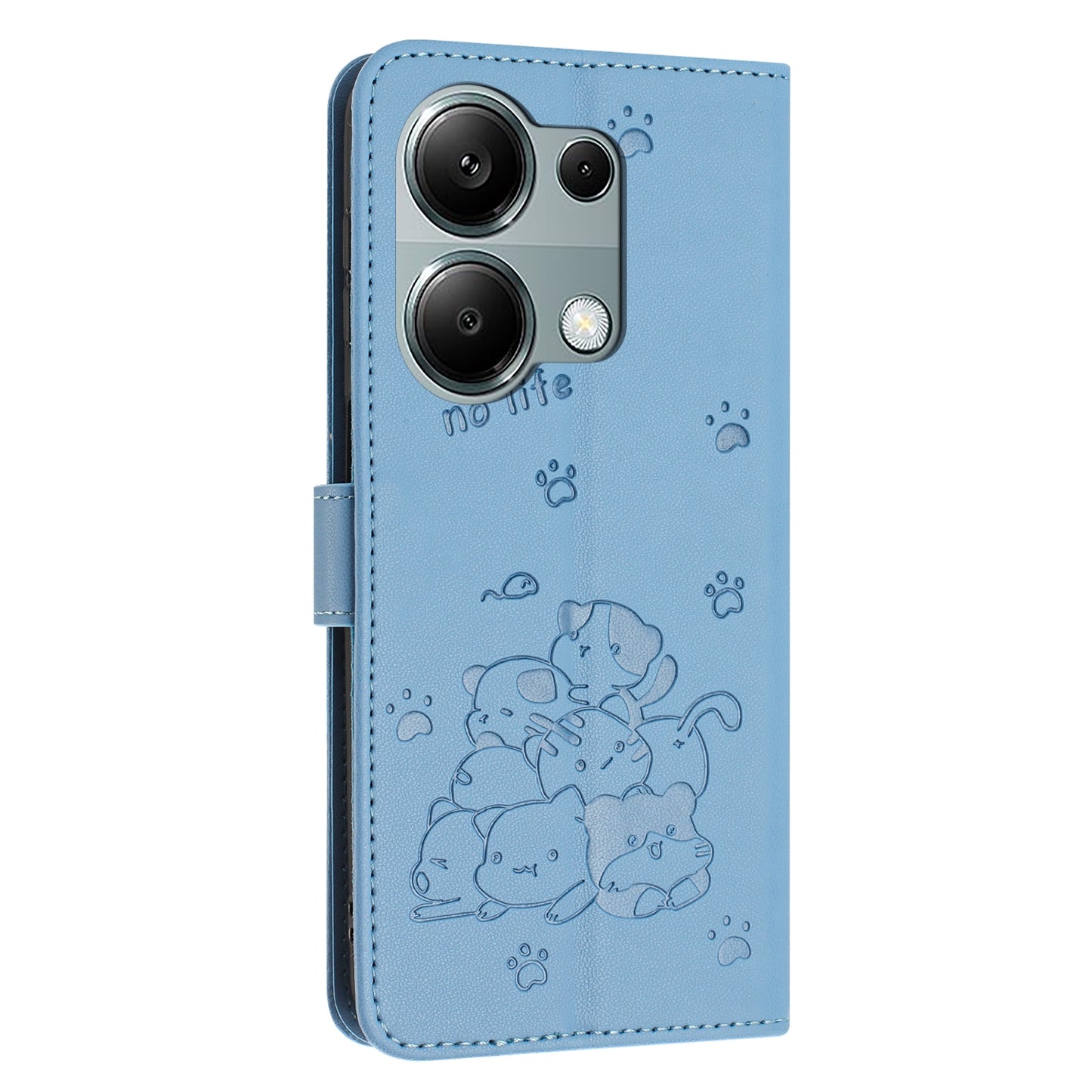 Xiaomi Poco M6 Pro 4G Embossed Kitten PU Leather Wallet Case with Card Slots, Cash Pocket, Kickstand Function, Wrist Lanyard Strap, Full Protective TPU Flip Cover