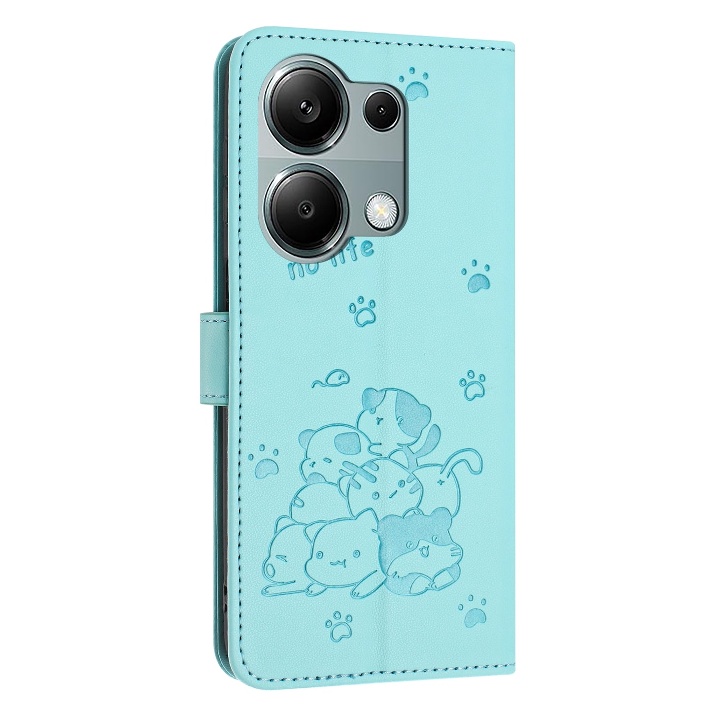 Xiaomi Poco M6 Pro 4G Embossed Kitten PU Leather Wallet Case with Card Slots, Cash Pocket, Kickstand Function, Wrist Lanyard Strap, Full Protective TPU Flip Cover