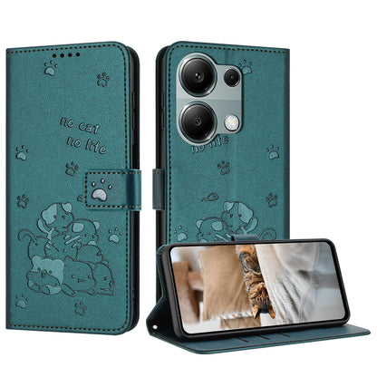Xiaomi Poco M6 Pro 4G Embossed Kitten PU Leather Wallet Case with Card Slots, Cash Pocket, Kickstand Function, Wrist Lanyard Strap, Full Protective TPU Flip Cover