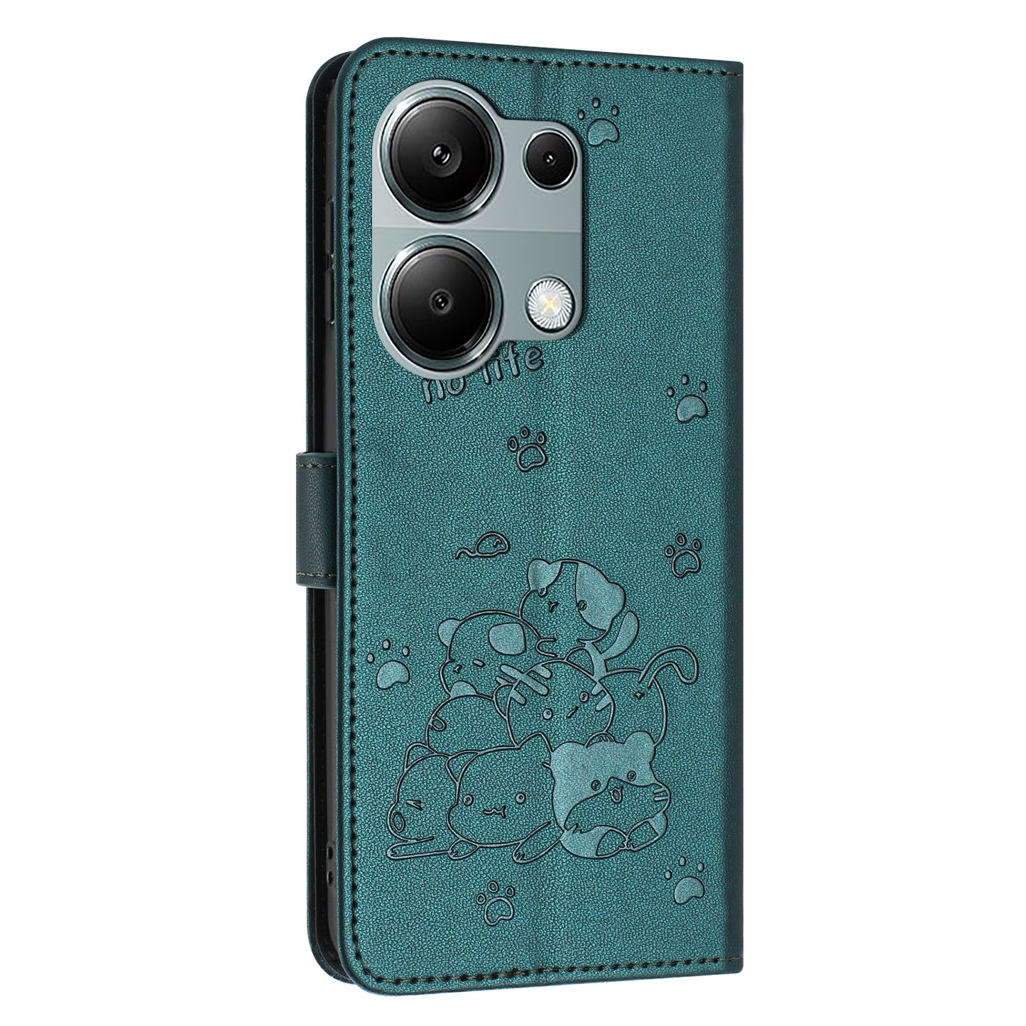 Xiaomi Poco M6 Pro 4G Embossed Kitten PU Leather Wallet Case with Card Slots, Cash Pocket, Kickstand Function, Wrist Lanyard Strap, Full Protective TPU Flip Cover