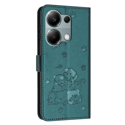 Xiaomi Poco M6 Pro 4G Embossed Kitten PU Leather Wallet Case with Card Slots, Cash Pocket, Kickstand Function, Wrist Lanyard Strap, Full Protective TPU Flip Cover