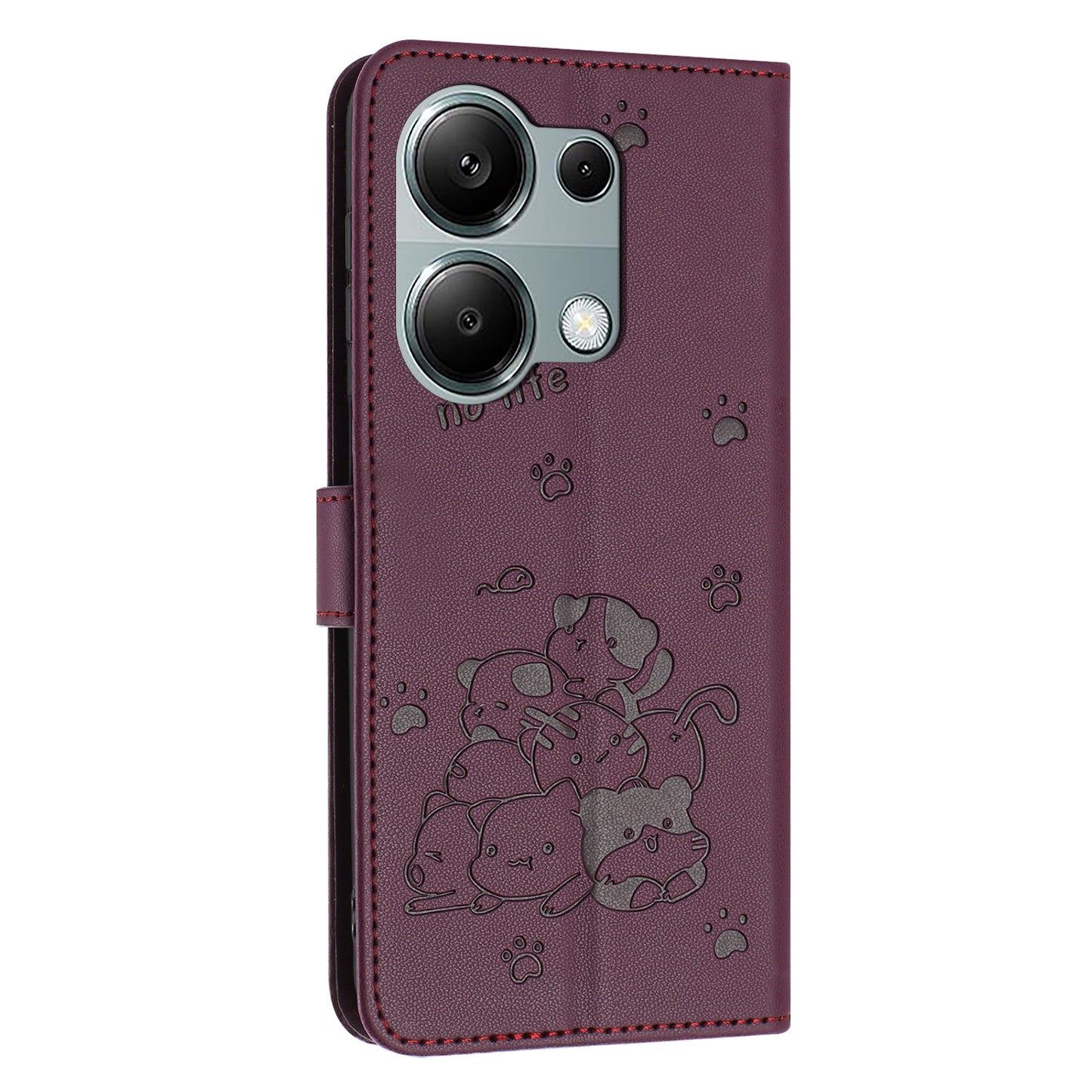 Xiaomi Poco M6 Pro 4G Embossed Kitten PU Leather Wallet Case with Card Slots, Cash Pocket, Kickstand Function, Wrist Lanyard Strap, Full Protective TPU Flip Cover