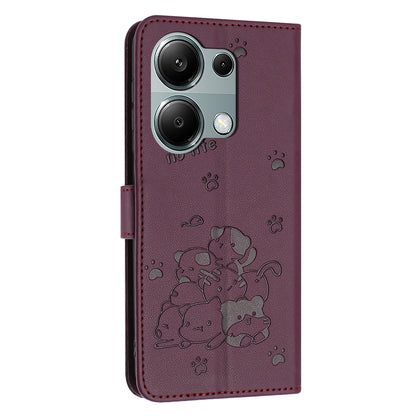 Xiaomi Poco M6 Pro 4G Embossed Kitten PU Leather Wallet Case with Card Slots, Cash Pocket, Kickstand Function, Wrist Lanyard Strap, Full Protective TPU Flip Cover