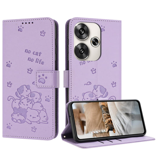 Xiaomi Poco F6 Embossed Kitten PU Leather Wallet Case with Card Slots, Cash Pocket, Kickstand Function, Wrist Lanyard Strap, Full Protective TPU Flip Cover