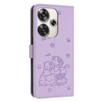 Xiaomi Poco F6 Embossed Kitten PU Leather Wallet Case with Card Slots, Cash Pocket, Kickstand Function, Wrist Lanyard Strap, Full Protective TPU Flip Cover