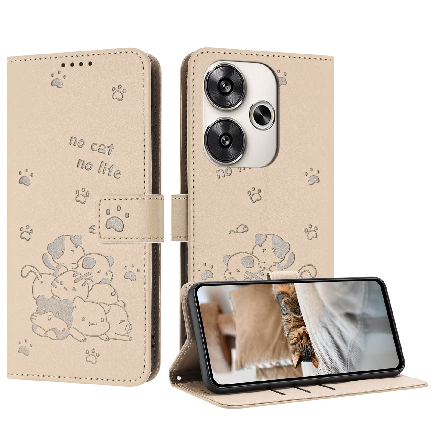 Xiaomi Poco F6 Embossed Kitten PU Leather Wallet Case with Card Slots, Cash Pocket, Kickstand Function, Wrist Lanyard Strap, Full Protective TPU Flip Cover