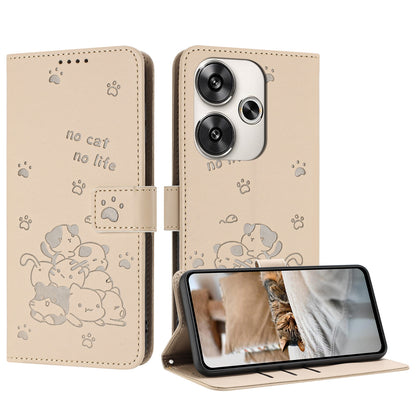 Xiaomi Poco F6 Embossed Kitten PU Leather Wallet Case with Card Slots, Cash Pocket, Kickstand Function, Wrist Lanyard Strap, Full Protective TPU Flip Cover