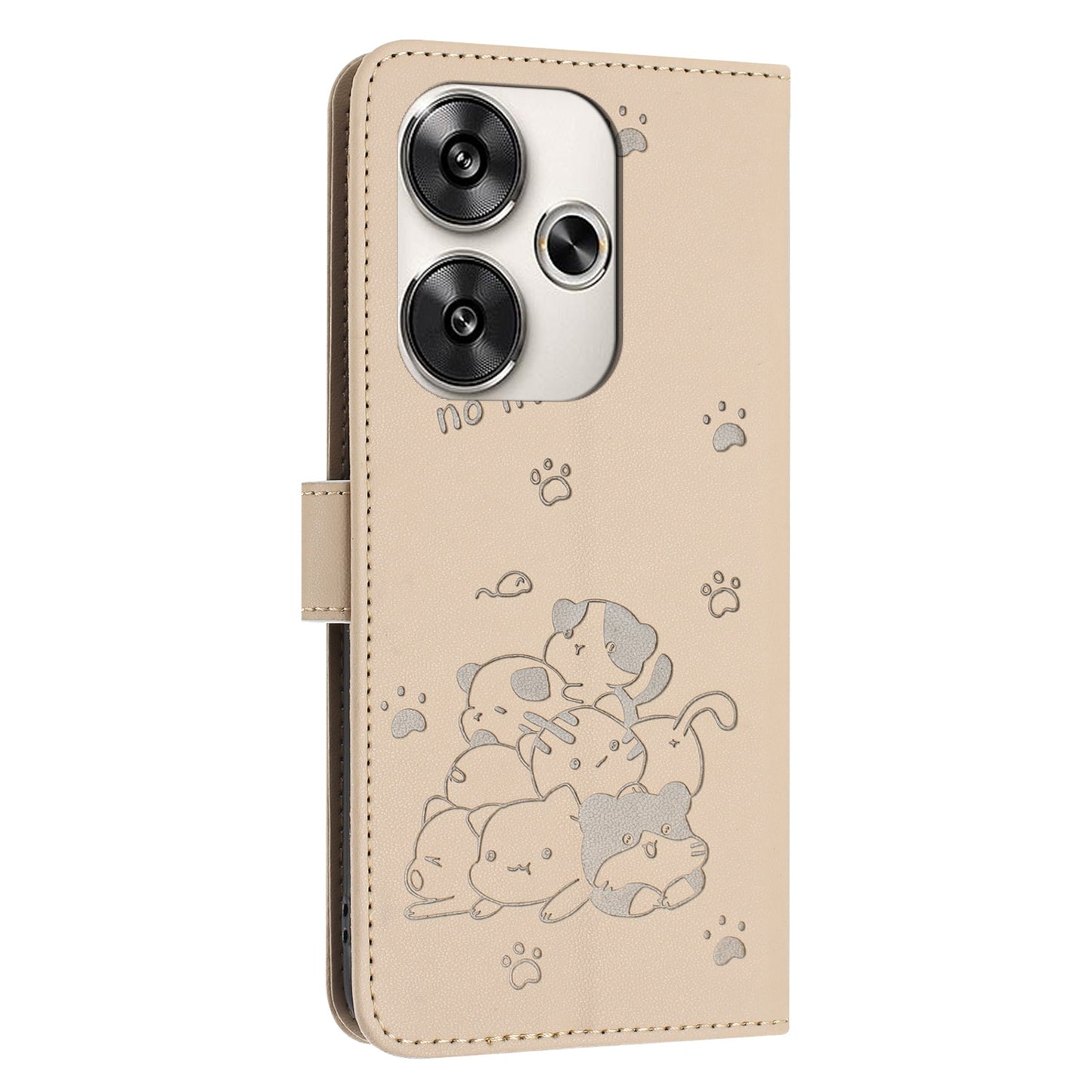 Xiaomi Poco F6 Embossed Kitten PU Leather Wallet Case with Card Slots, Cash Pocket, Kickstand Function, Wrist Lanyard Strap, Full Protective TPU Flip Cover