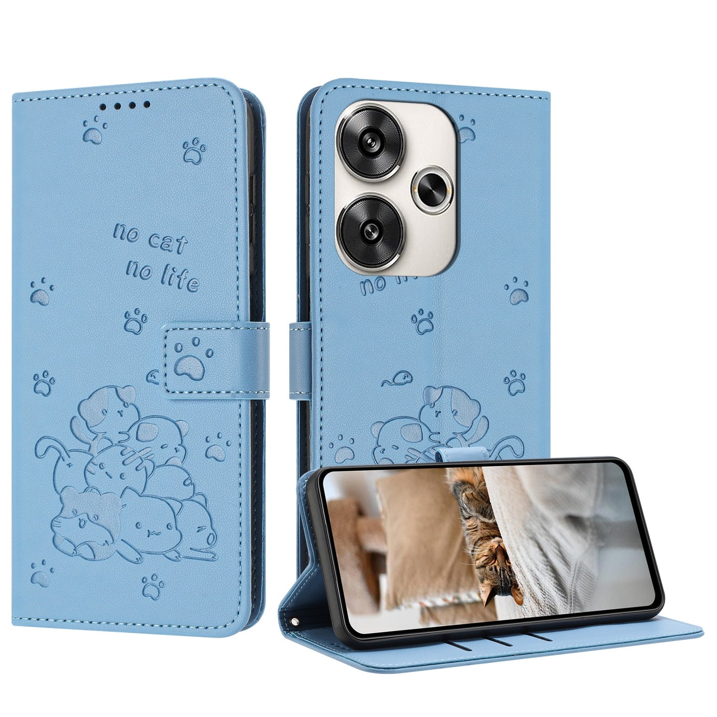 Xiaomi Poco F6 Embossed Kitten PU Leather Wallet Case with Card Slots, Cash Pocket, Kickstand Function, Wrist Lanyard Strap, Full Protective TPU Flip Cover