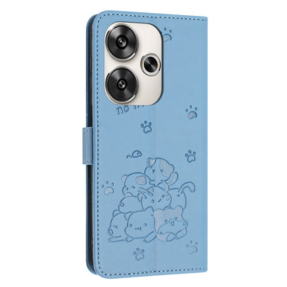 Xiaomi Poco F6 Embossed Kitten PU Leather Wallet Case with Card Slots, Cash Pocket, Kickstand Function, Wrist Lanyard Strap, Full Protective TPU Flip Cover