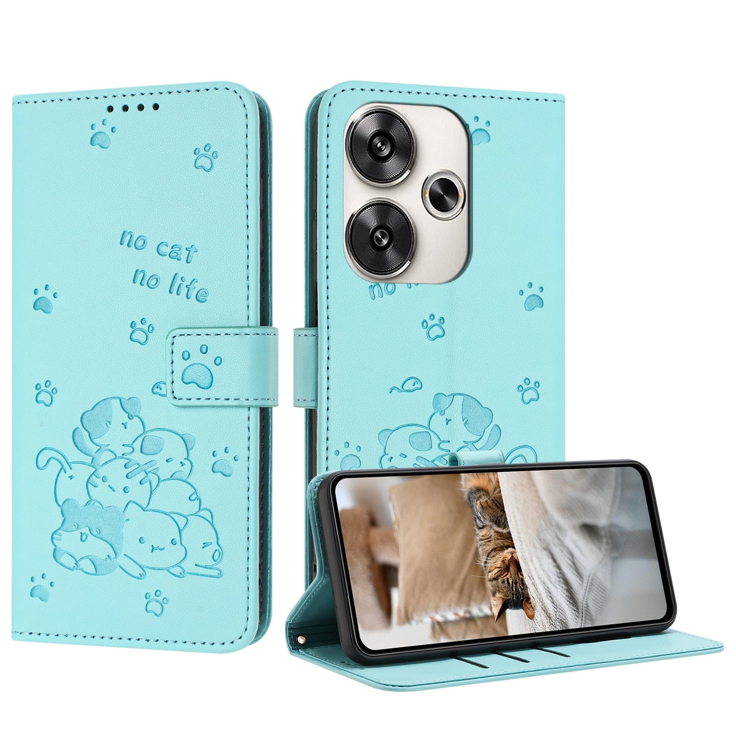 Xiaomi Poco F6 Embossed Kitten PU Leather Wallet Case with Card Slots, Cash Pocket, Kickstand Function, Wrist Lanyard Strap, Full Protective TPU Flip Cover
