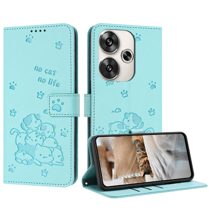 Xiaomi Poco F6 Embossed Kitten PU Leather Wallet Case with Card Slots, Cash Pocket, Kickstand Function, Wrist Lanyard Strap, Full Protective TPU Flip Cover