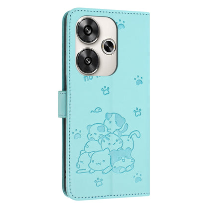 Xiaomi Poco F6 Embossed Kitten PU Leather Wallet Case with Card Slots, Cash Pocket, Kickstand Function, Wrist Lanyard Strap, Full Protective TPU Flip Cover