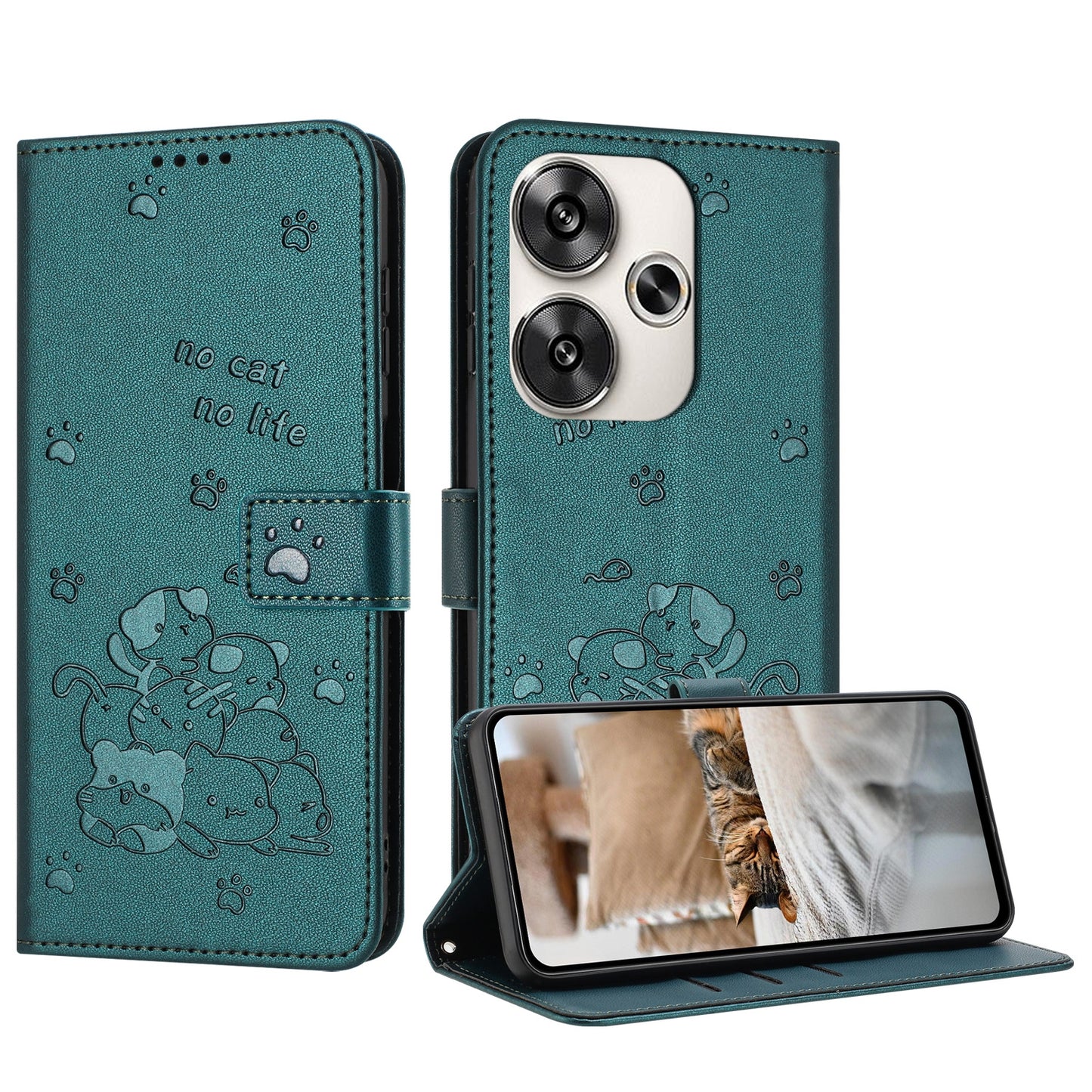 Xiaomi Poco F6 Embossed Kitten PU Leather Wallet Case with Card Slots, Cash Pocket, Kickstand Function, Wrist Lanyard Strap, Full Protective TPU Flip Cover