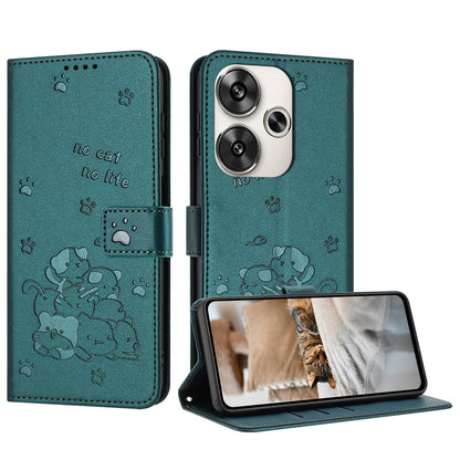 Xiaomi Poco F6 Embossed Kitten PU Leather Wallet Case with Card Slots, Cash Pocket, Kickstand Function, Wrist Lanyard Strap, Full Protective TPU Flip Cover