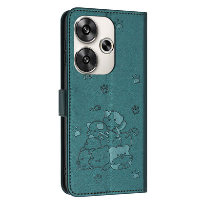 Xiaomi Poco F6 Embossed Kitten PU Leather Wallet Case with Card Slots, Cash Pocket, Kickstand Function, Wrist Lanyard Strap, Full Protective TPU Flip Cover