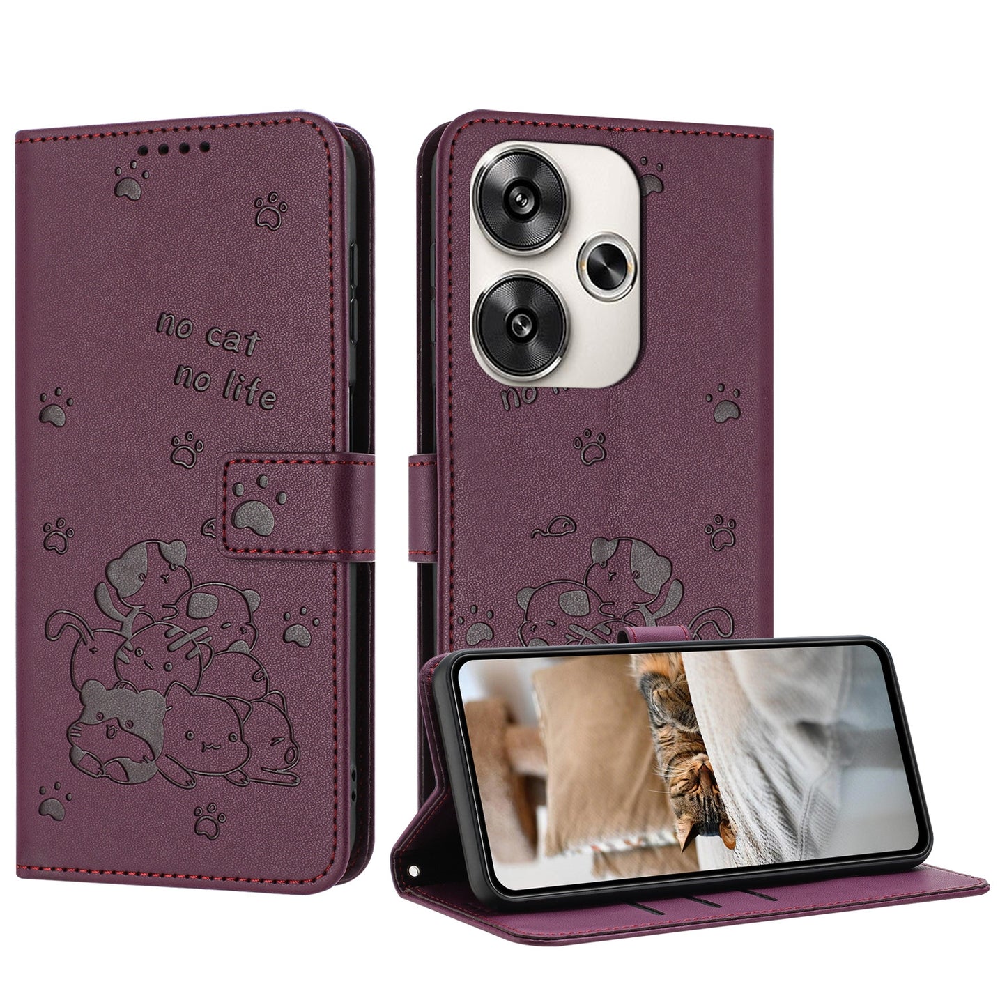 Xiaomi Poco F6 Embossed Kitten PU Leather Wallet Case with Card Slots, Cash Pocket, Kickstand Function, Wrist Lanyard Strap, Full Protective TPU Flip Cover
