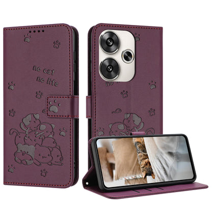 Xiaomi Poco F6 Embossed Kitten PU Leather Wallet Case with Card Slots, Cash Pocket, Kickstand Function, Wrist Lanyard Strap, Full Protective TPU Flip Cover