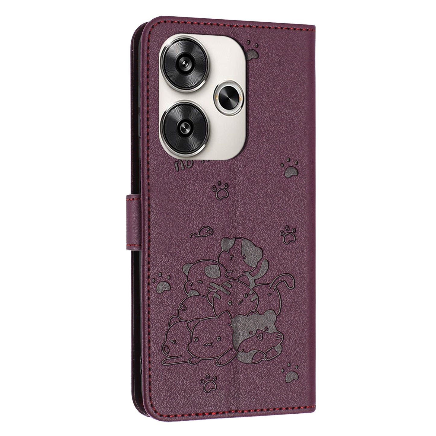 Xiaomi Poco F6 Embossed Kitten PU Leather Wallet Case with Card Slots, Cash Pocket, Kickstand Function, Wrist Lanyard Strap, Full Protective TPU Flip Cover