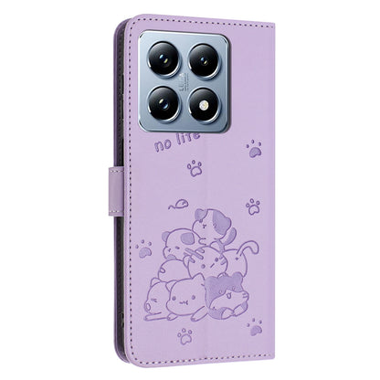 Xiaomi 14T Pro 5G Embossed Kitten PU Leather Wallet Case with Card Slots, Cash Pocket, Kickstand Function, Wrist Lanyard Strap, Full Protective TPU Flip Cover