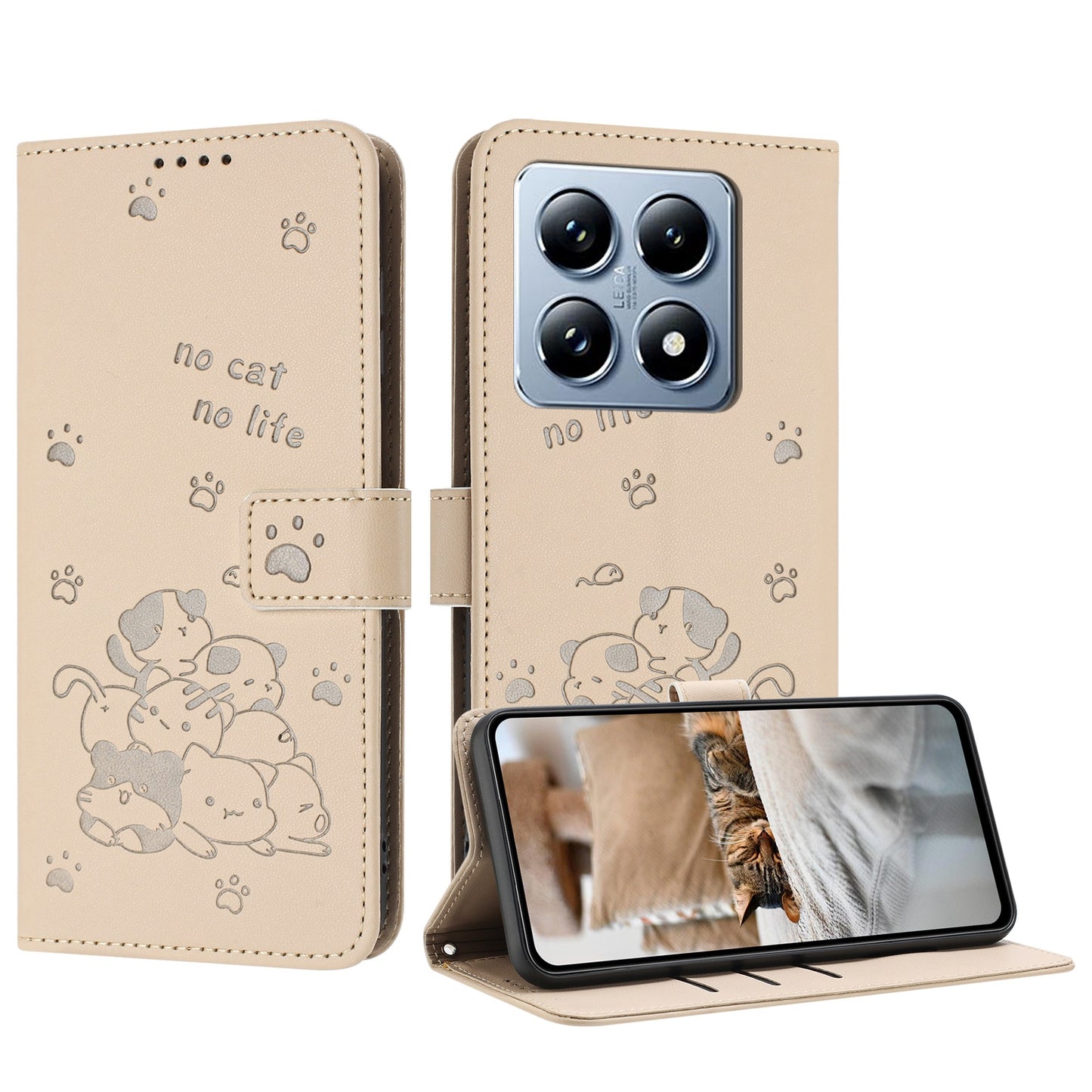 Xiaomi 14T Pro 5G Embossed Kitten PU Leather Wallet Case with Card Slots, Cash Pocket, Kickstand Function, Wrist Lanyard Strap, Full Protective TPU Flip Cover