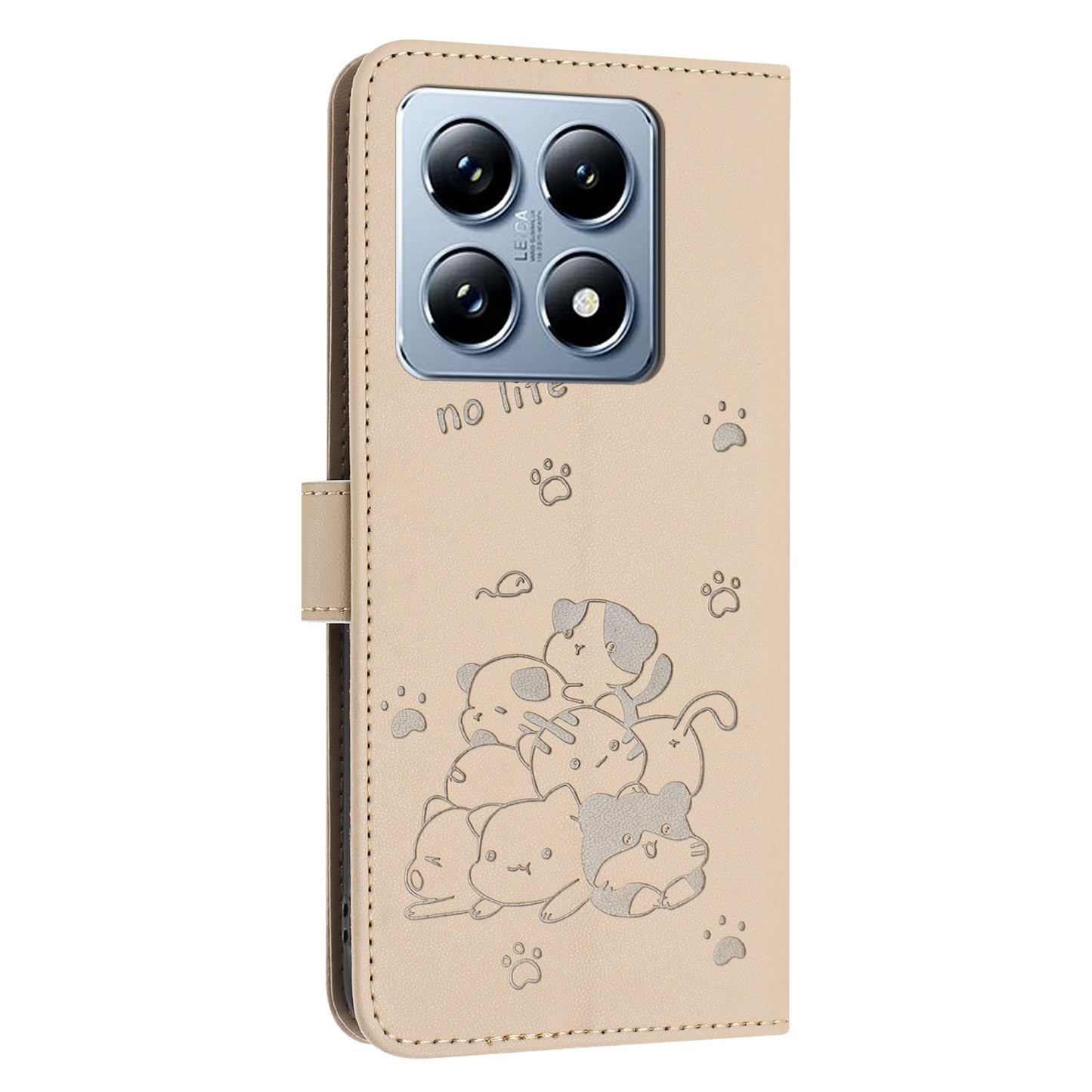 Xiaomi 14T Pro 5G Embossed Kitten PU Leather Wallet Case with Card Slots, Cash Pocket, Kickstand Function, Wrist Lanyard Strap, Full Protective TPU Flip Cover