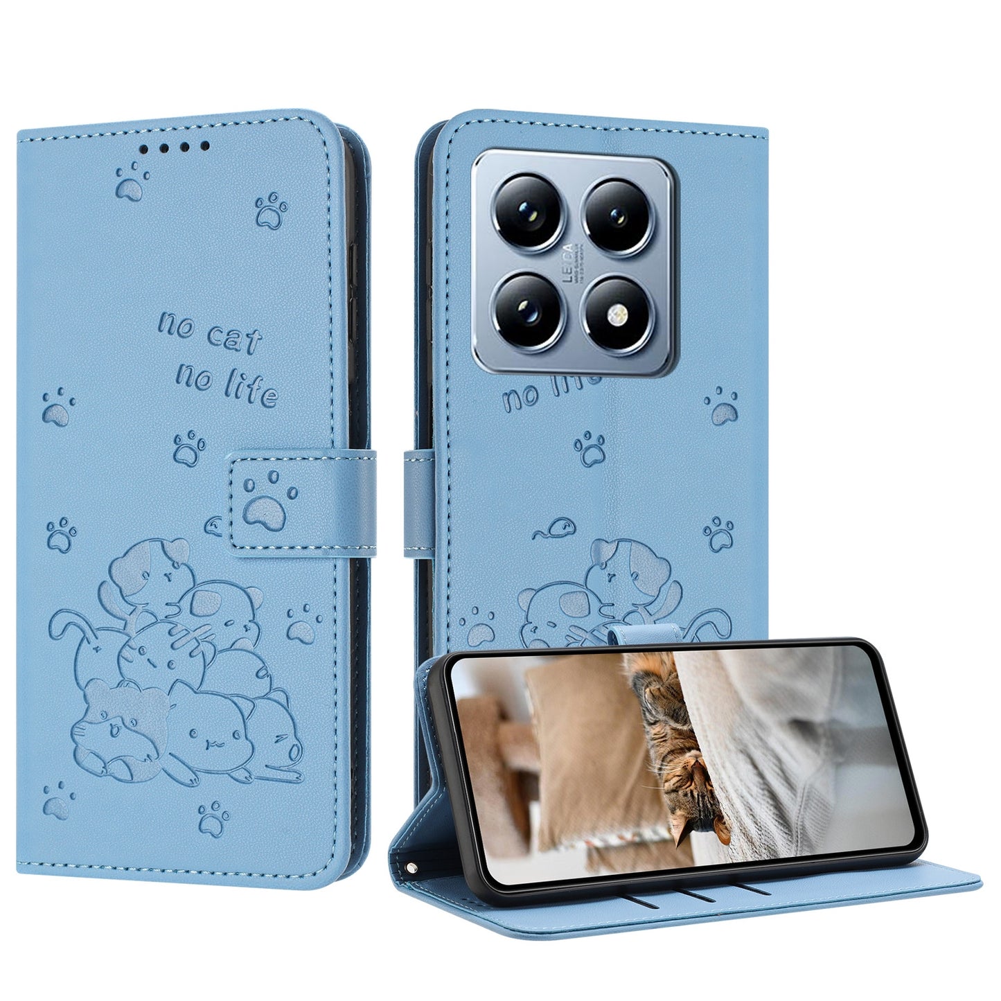 Xiaomi 14T Pro 5G Embossed Kitten PU Leather Wallet Case with Card Slots, Cash Pocket, Kickstand Function, Wrist Lanyard Strap, Full Protective TPU Flip Cover