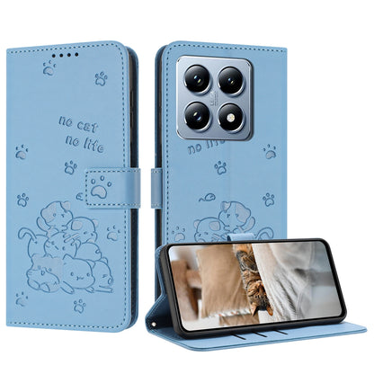 Xiaomi 14T Pro 5G Embossed Kitten PU Leather Wallet Case with Card Slots, Cash Pocket, Kickstand Function, Wrist Lanyard Strap, Full Protective TPU Flip Cover