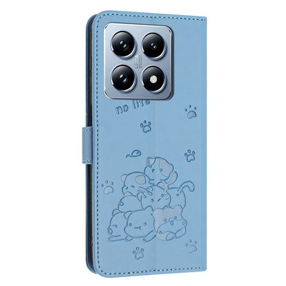 Xiaomi 14T Pro 5G Embossed Kitten PU Leather Wallet Case with Card Slots, Cash Pocket, Kickstand Function, Wrist Lanyard Strap, Full Protective TPU Flip Cover