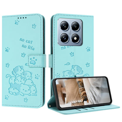 Xiaomi 14T Pro 5G Embossed Kitten PU Leather Wallet Case with Card Slots, Cash Pocket, Kickstand Function, Wrist Lanyard Strap, Full Protective TPU Flip Cover