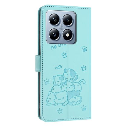 Xiaomi 14T Pro 5G Embossed Kitten PU Leather Wallet Case with Card Slots, Cash Pocket, Kickstand Function, Wrist Lanyard Strap, Full Protective TPU Flip Cover