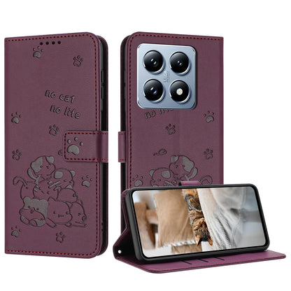 Xiaomi 14T Pro 5G Embossed Kitten PU Leather Wallet Case with Card Slots, Cash Pocket, Kickstand Function, Wrist Lanyard Strap, Full Protective TPU Flip Cover