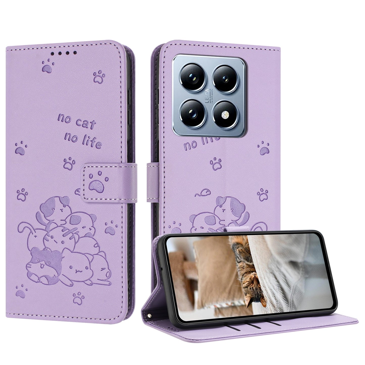 Xiaomi 14T Embossed Kitten PU Leather Wallet Case with Card Slots, Cash Pocket, Kickstand Function, Wrist Lanyard Strap, Full Protective TPU Flip Cover