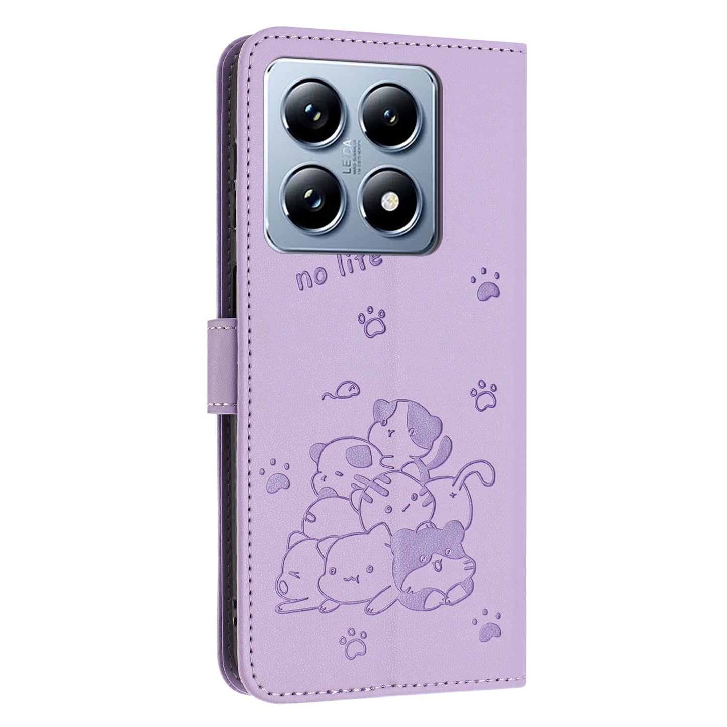 Xiaomi 14T Embossed Kitten PU Leather Wallet Case with Card Slots, Cash Pocket, Kickstand Function, Wrist Lanyard Strap, Full Protective TPU Flip Cover