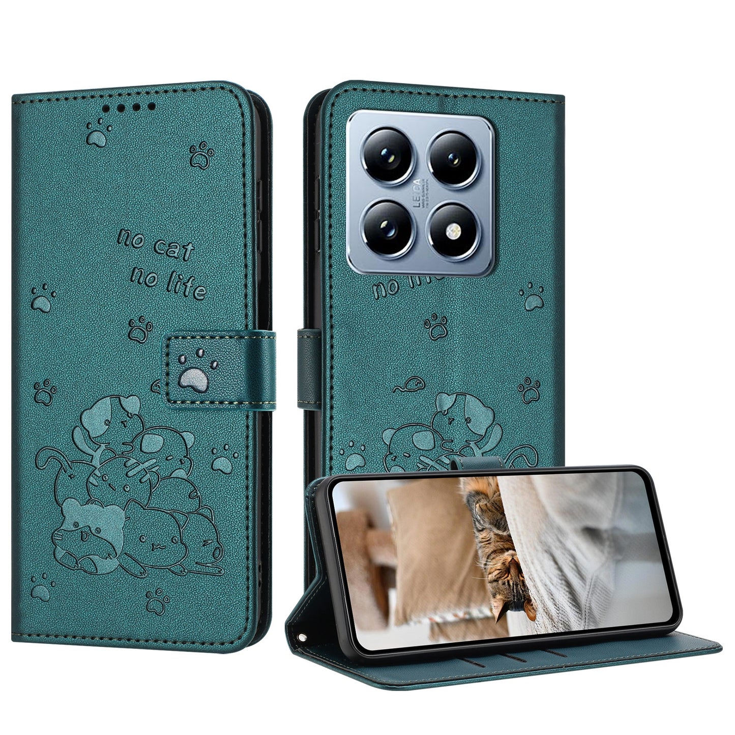 Xiaomi 14T Embossed Kitten PU Leather Wallet Case with Card Slots, Cash Pocket, Kickstand Function, Wrist Lanyard Strap, Full Protective TPU Flip Cover