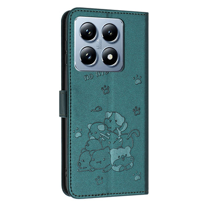 Xiaomi 14T Embossed Kitten PU Leather Wallet Case with Card Slots, Cash Pocket, Kickstand Function, Wrist Lanyard Strap, Full Protective TPU Flip Cover