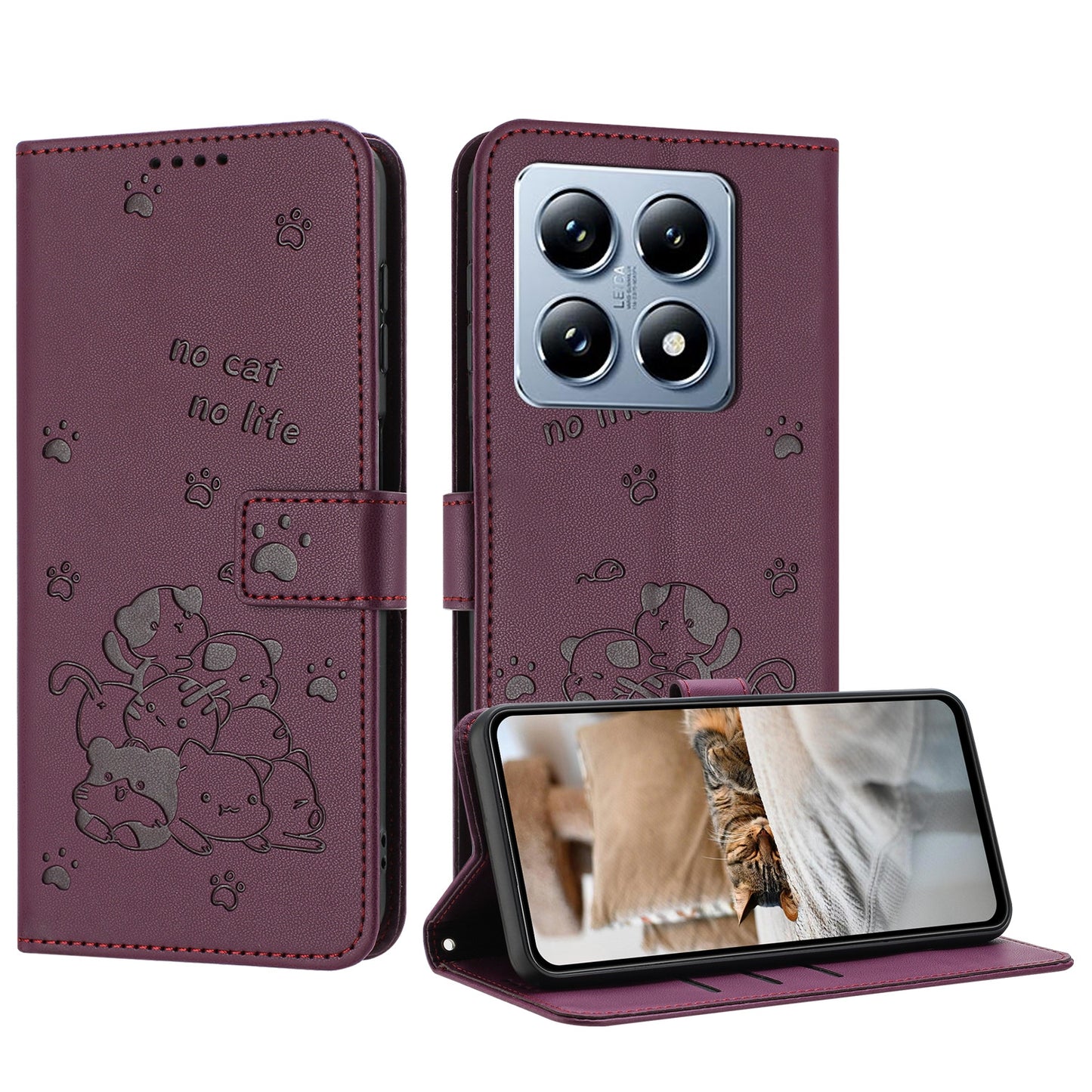 Xiaomi 14T Embossed Kitten PU Leather Wallet Case with Card Slots, Cash Pocket, Kickstand Function, Wrist Lanyard Strap, Full Protective TPU Flip Cover